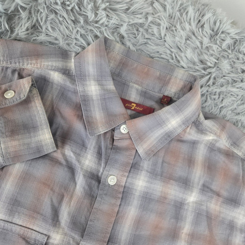 7 For All Mankind Mens‎ S Grey Brown Plaid Herringbone Cotton Button Down Shirt